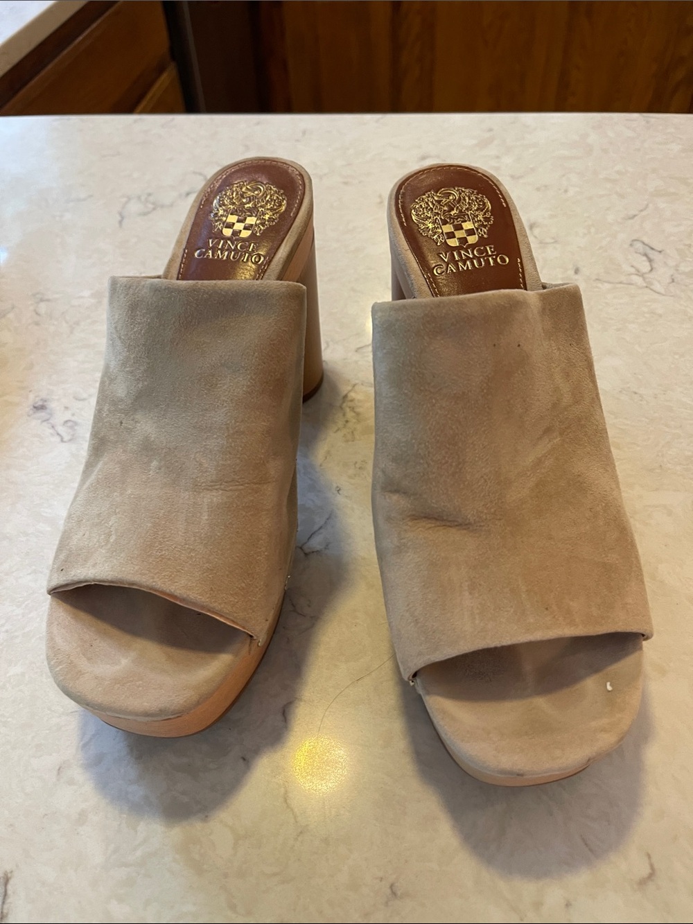Vince Camuto Taupe Suede Open-Toe Block Heel Mules